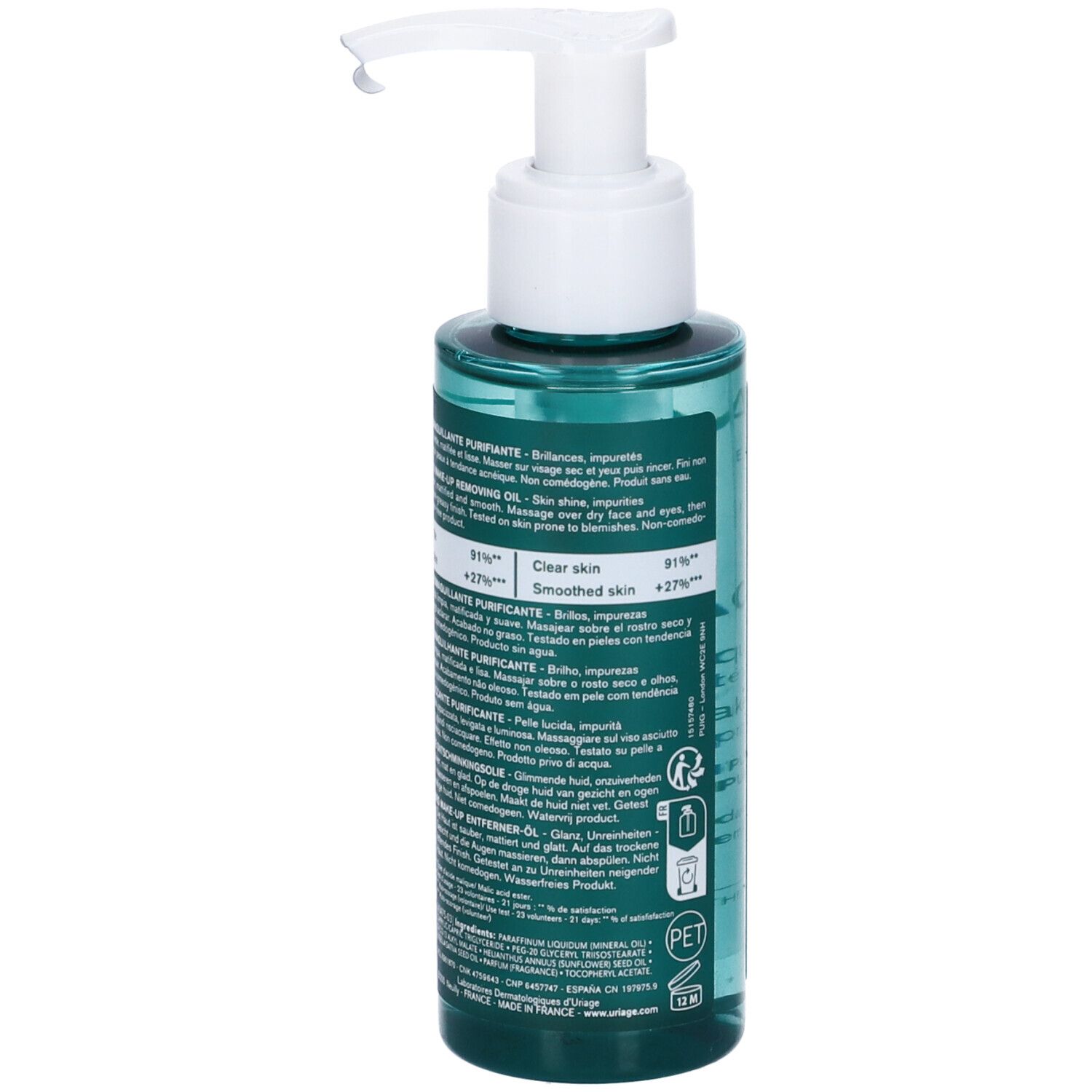 Retro del flacone Uriage Hyseac olio struccante. Testo multilingue.