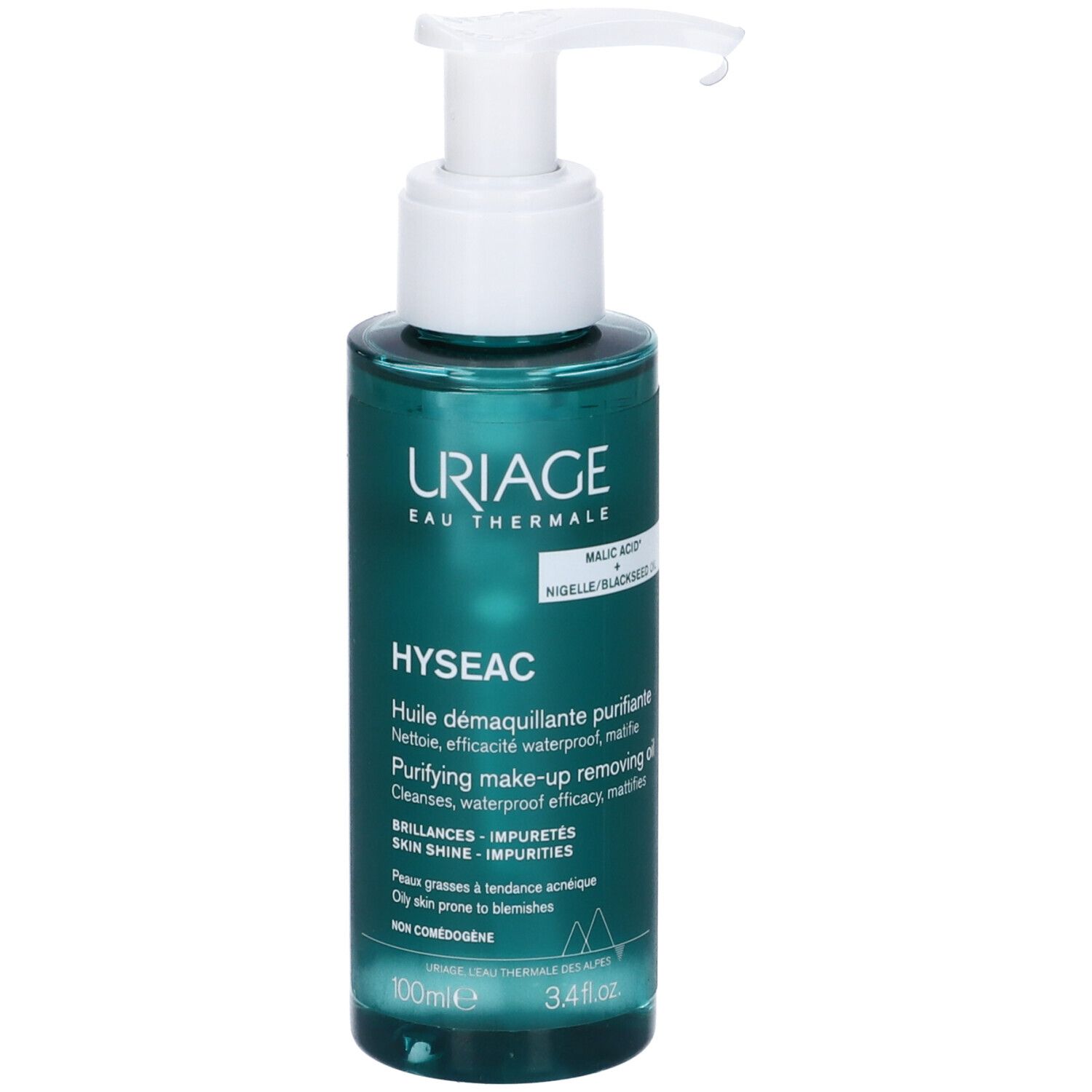 Uriage Hyseac olio struccante. Flacone con dosatore, verde e bianco. Etichetta con testo.