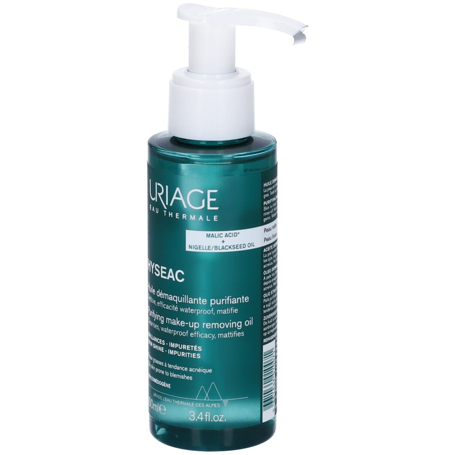 Uriage Hyseac olio struccante. Flacone con dosatore, verde e bianco. Etichetta con testo.