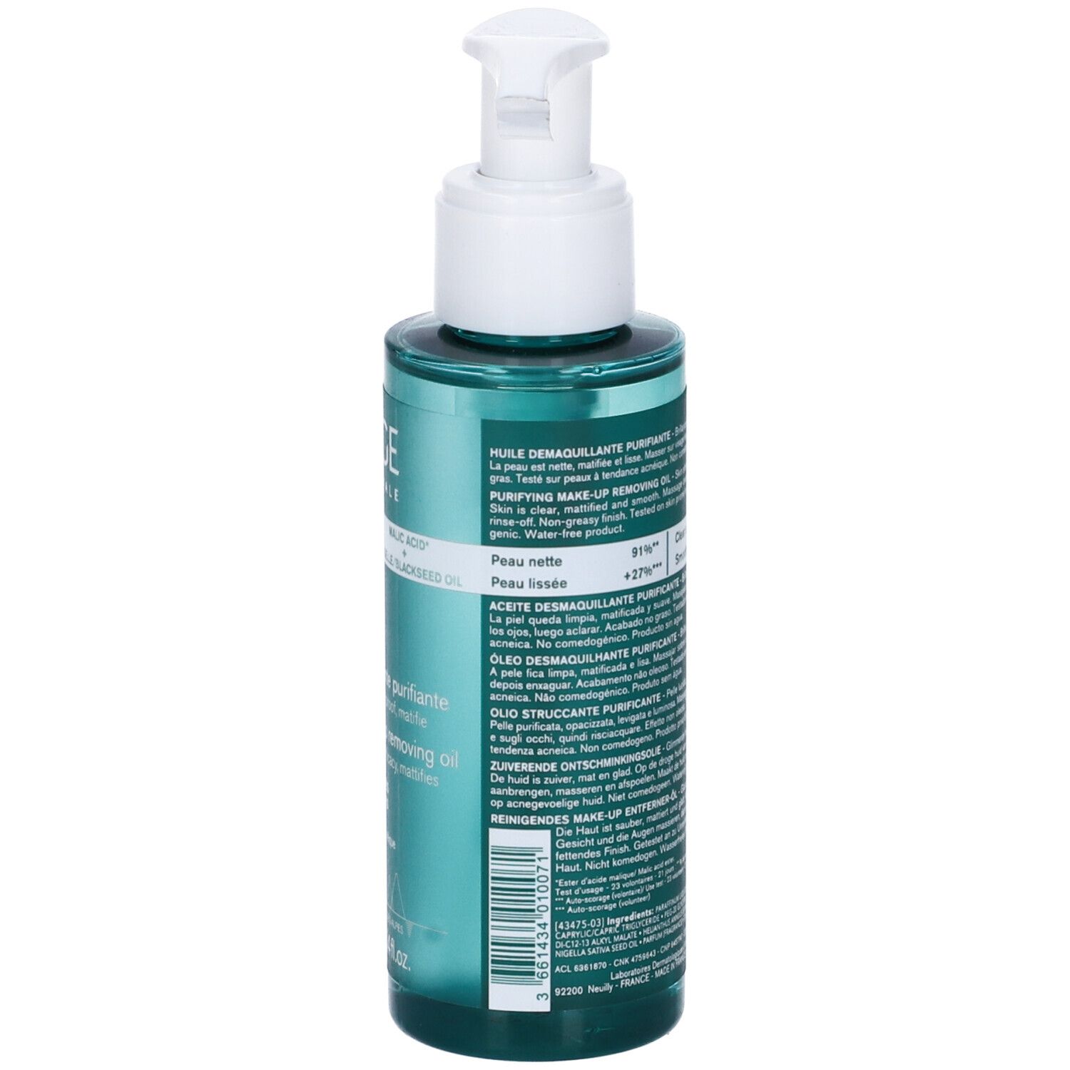 Retro del flacone Uriage Hyseac olio struccante. Testo multilingue.