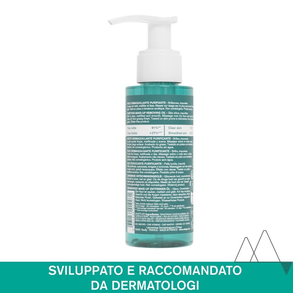 Retro del flacone Uriage Hyseac olio struccante. Testo multilingue.