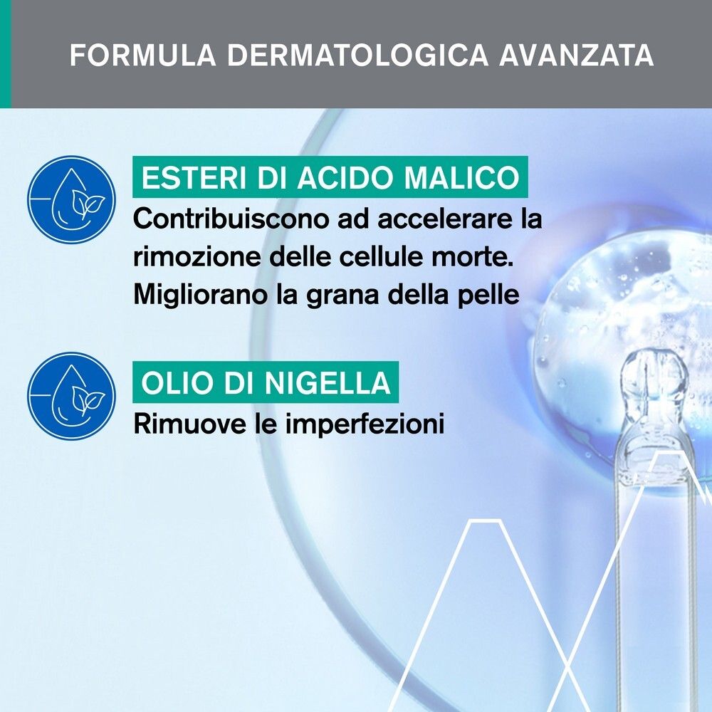 Grafica con ingredienti: Malic Acid e Nigella Oil. Testo sui benefici.