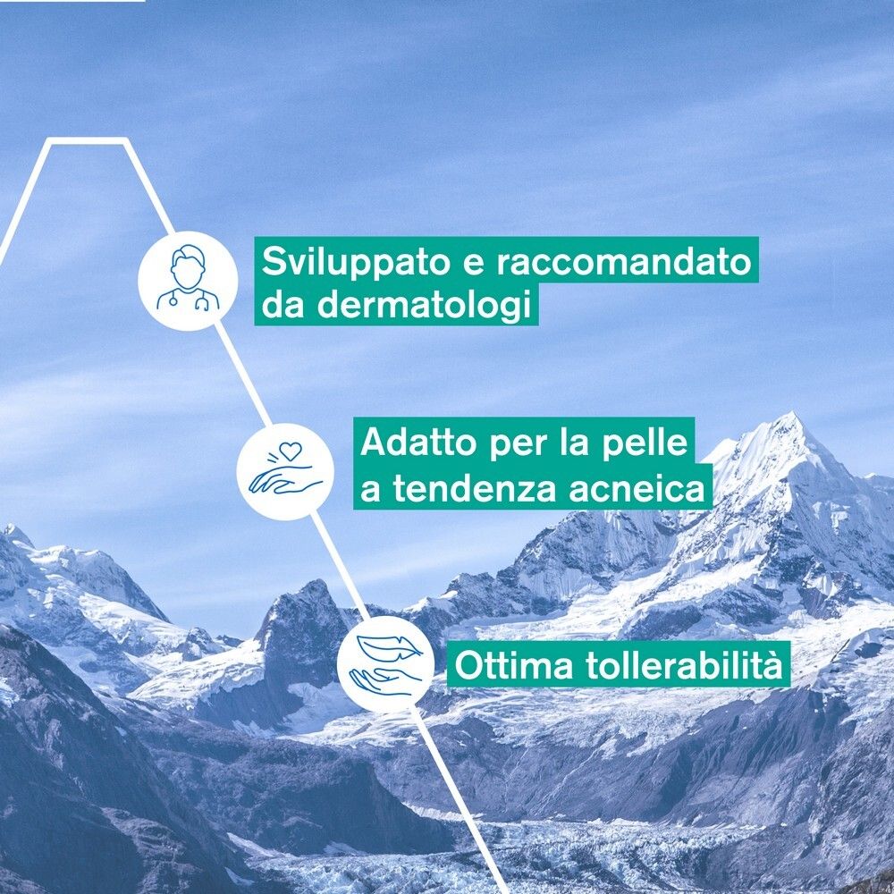 Grafica con testo: raccomandato da dermatologi, adatto a pelle acneica, ottima tollerabilità.