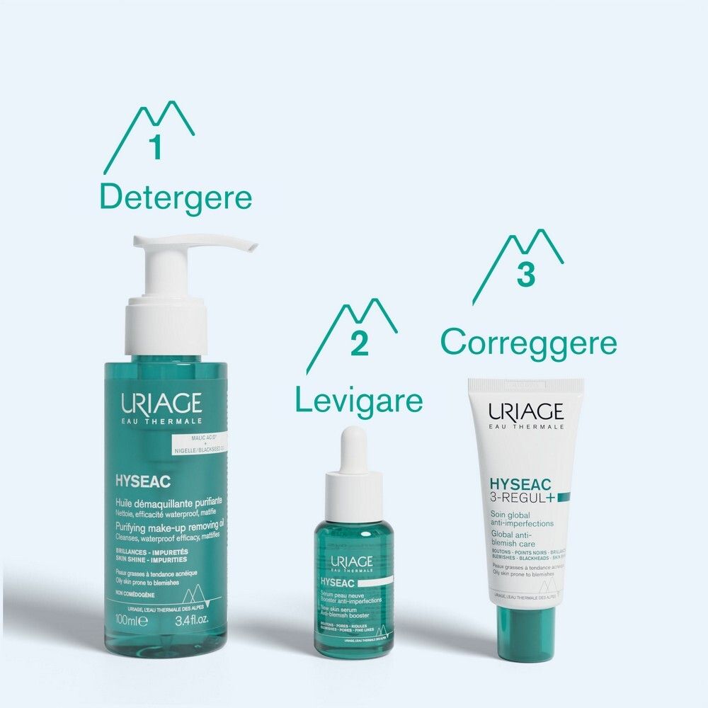 Tre prodotti Uriage: olio, siero, crema. Testo: detergere, levigare, correggere.