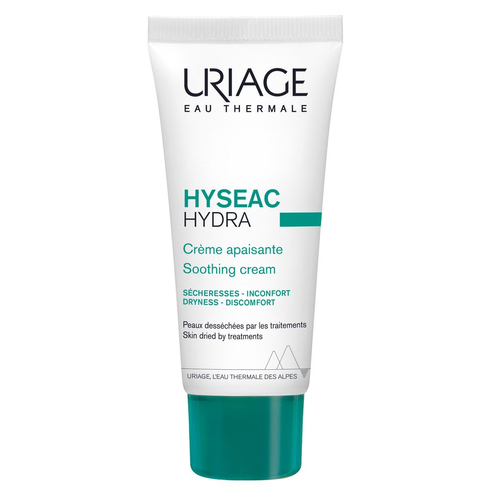 Tubo bianco, tappo verde. Scritte: Uriage, Hyséac Hydra, Crème apaisante. Testo in francese e inglese.