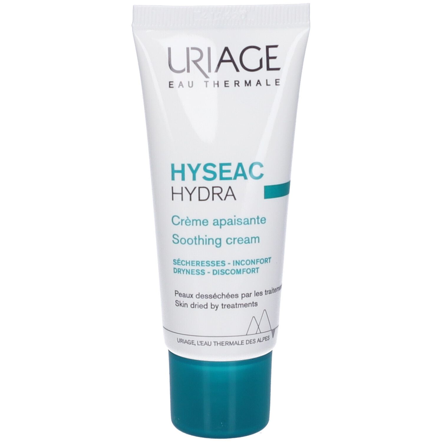 Tubo bianco, tappo verde. Scritte: Uriage, Hyséac Hydra, Crème apaisante. Testo in francese e inglese.