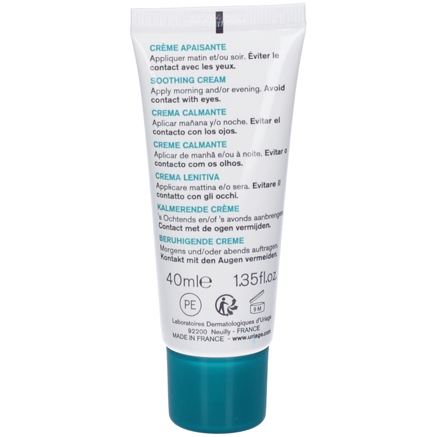 Retro del tubo. Testo multilingue: Crème apaisante, Soothing cream, Crema calmante, Crema lenitiva, Kalmerende crème.