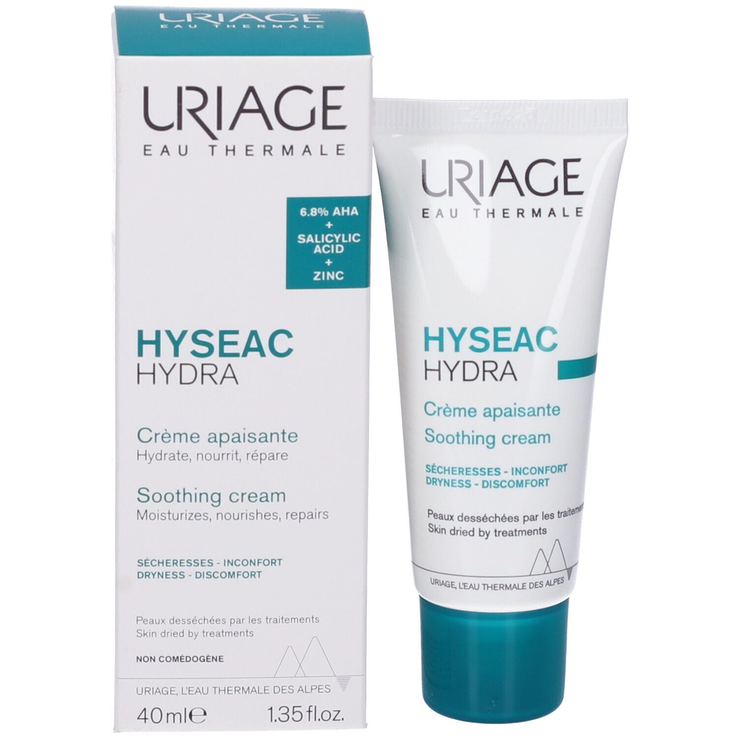 Confezione e tubo. Scritte: Uriage, Hyséac Hydra, Crème apaisante. Testo: 6.8% AHA + Salicylic Acid + Zinc.
