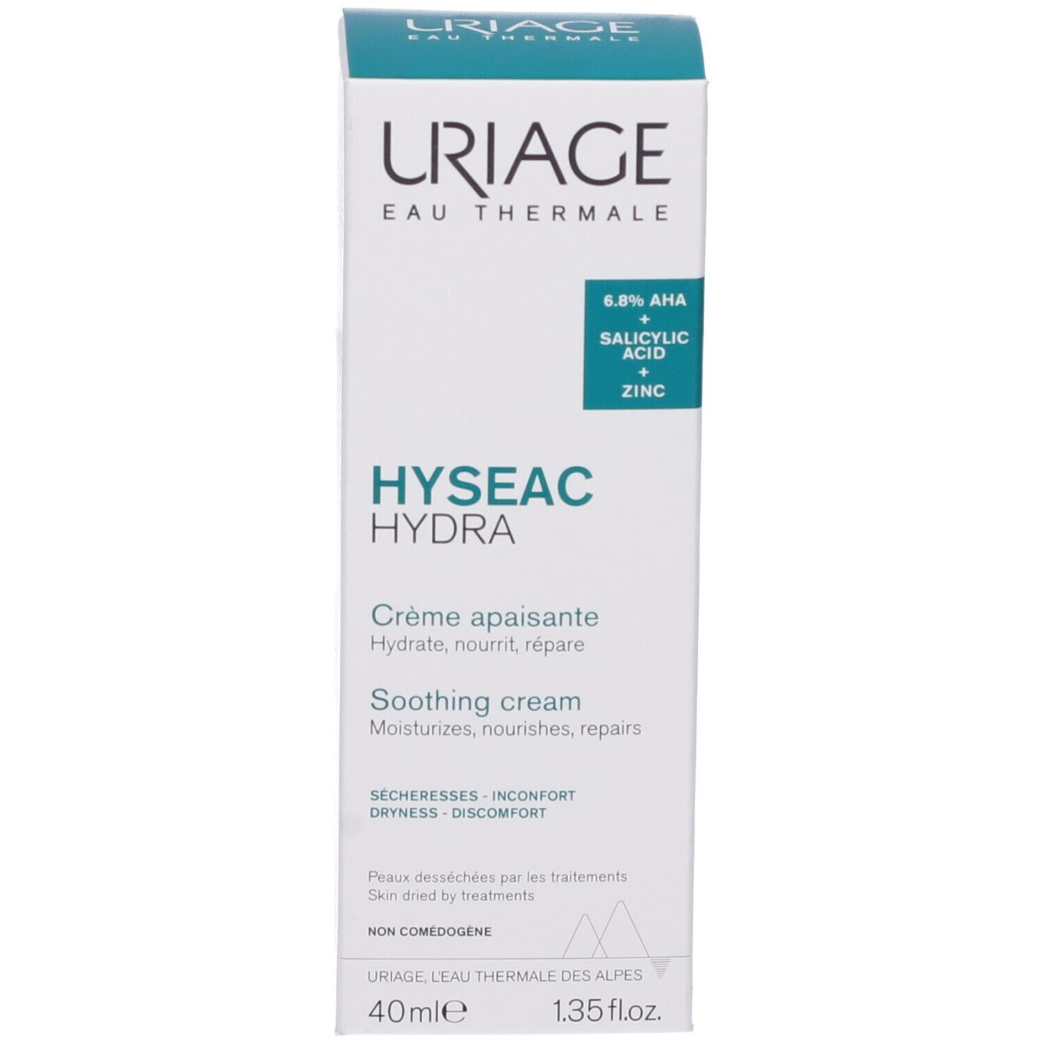 Confezione. Scritte: Uriage, Hyséac Hydra, Crème apaisante. Testo: 6.8% AHA + Salicylic Acid + Zinc.