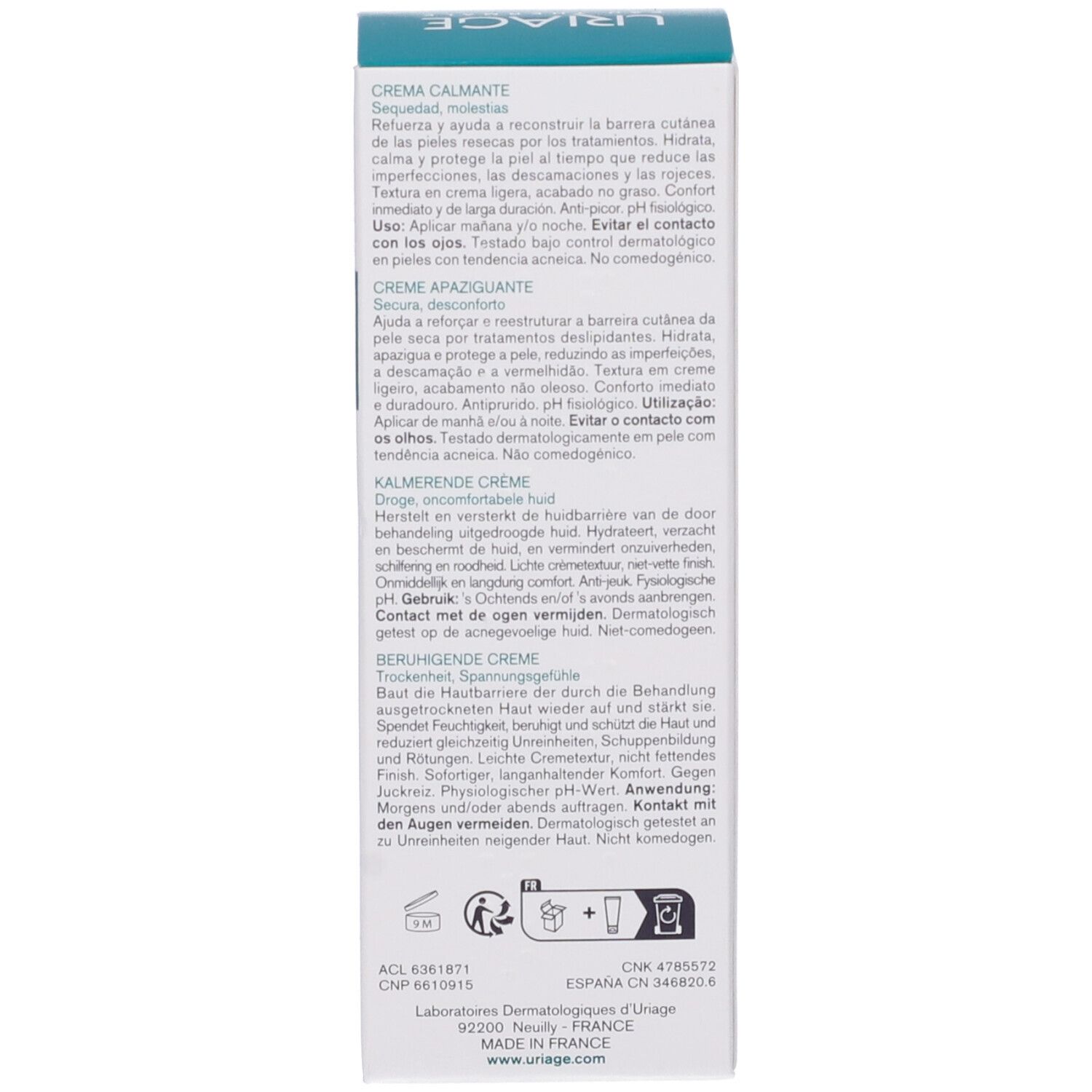 Confezione. Testo: Crème apaisante. Aiuta a ripristinare la barriera cutanea. Testo multilingue.