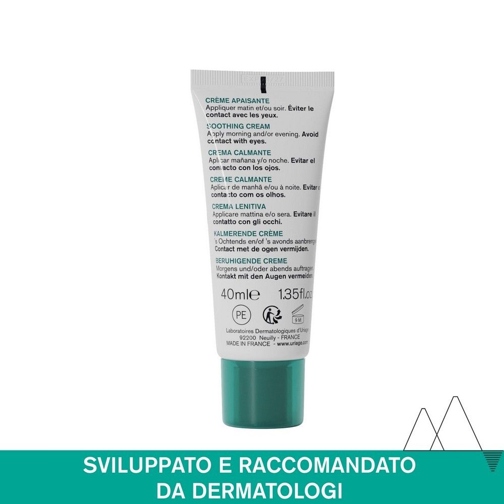 Retro del tubo. Testo multilingue: Crème apaisante, Soothing cream, Crema calmante, Crema lenitiva, Kalmerende crème.
