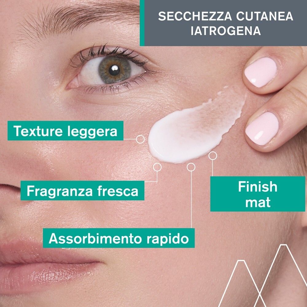 Primo piano di un viso. Applicazione di crema. Testo: Texture leggera, Fragranza fresca, Finish mat, Assorbimento rapido.