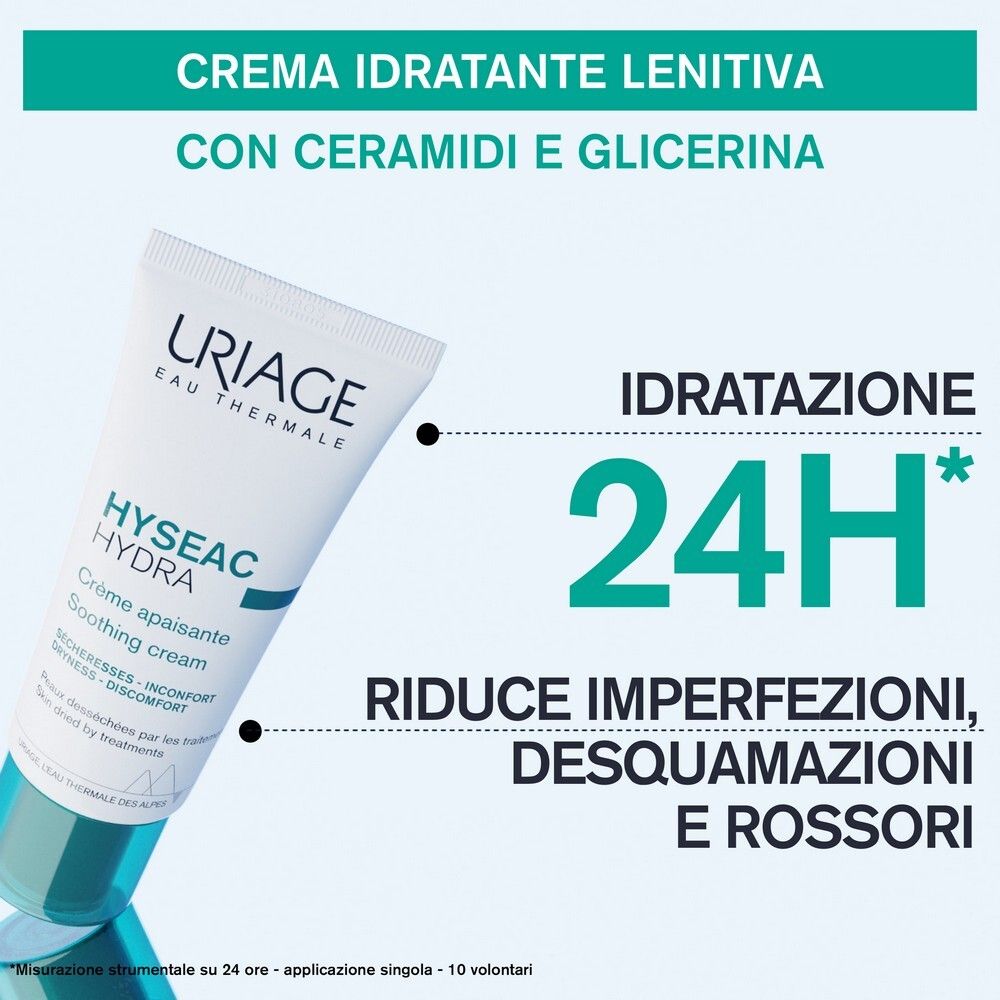 Tubo con testo: Uriage, Hyséac Hydra, Crème apaisante. Testo: Crema idratante lenitiva con ceramidi e glicerina. 24H Idratation.