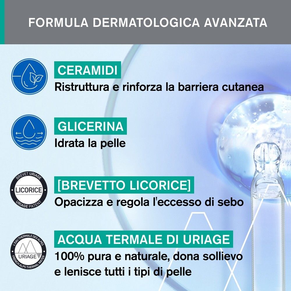 Grafica con ingredienti: Ceramidi, Glicerina, [BREVETTO LICORICE], ACQUA TERMALE DI URIAGE. Flacone con liquido.