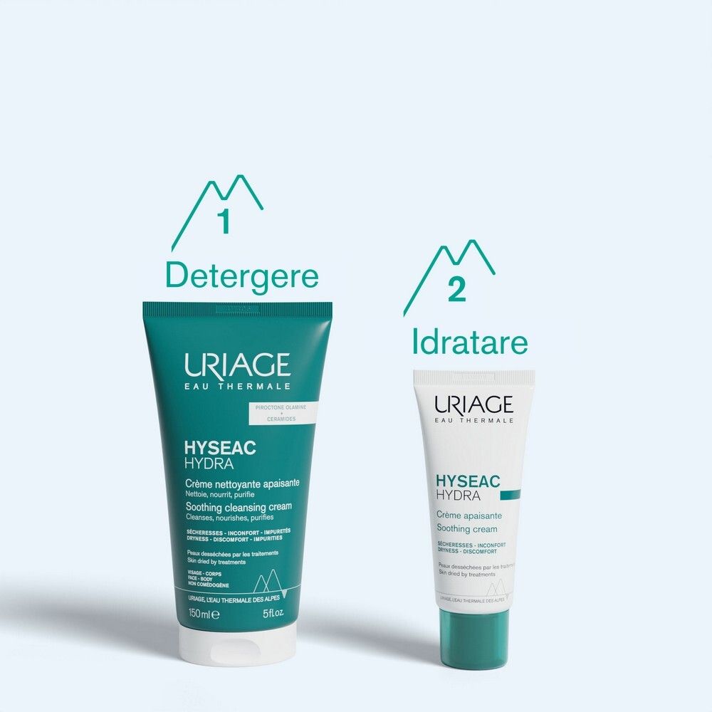 Due tubi. Sinistra: Uriage, Hyséac, Crème nettoyante apaisante. Destra: Uriage, Hyséac Hydra, Crème apaisante.