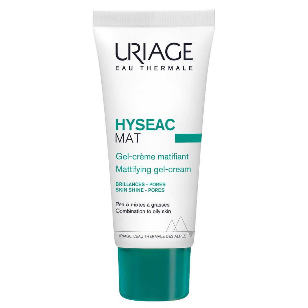 Tubo bianco con tappo verde. Scritta: URIAGE, Hyséac Mat. Gel-crema matificante. Per pelli miste e grasse.