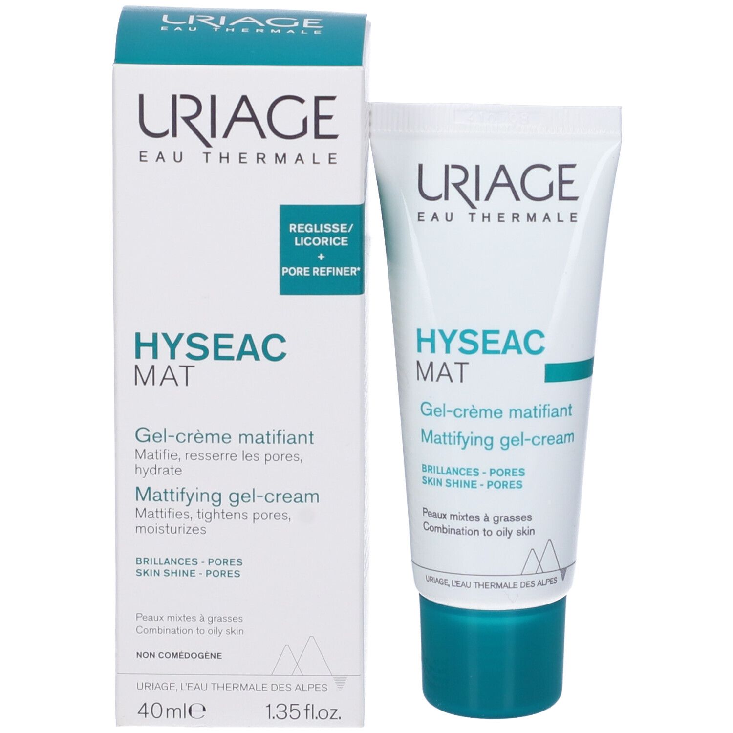 Confezione del prodotto. Tubo e scatola. Testo: URIAGE, Hyséac Mat. Gel-crema matificante. Per pelli miste e grasse.