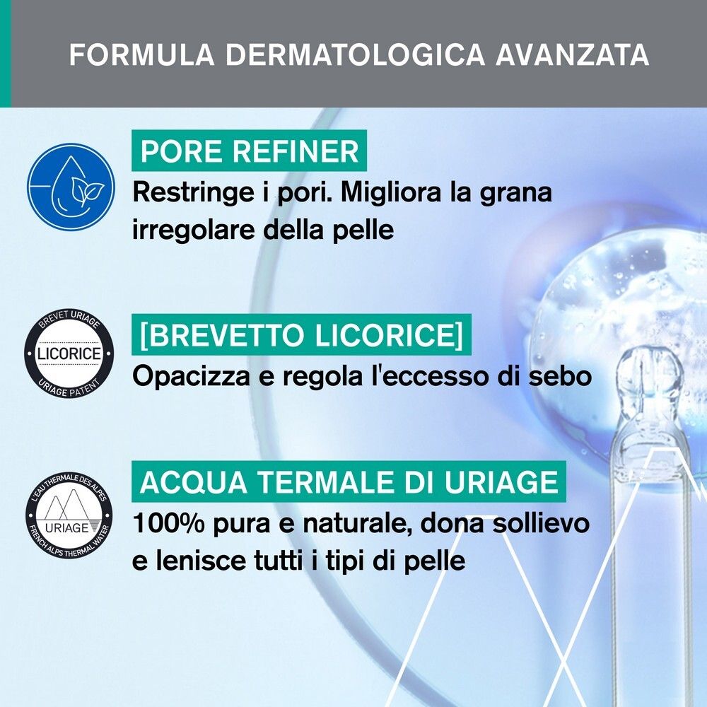 Prodotto e testo. Testo: 86% Riduce la lucidità della pelle. Restringe i pori. Uriage Hyséac Mat.