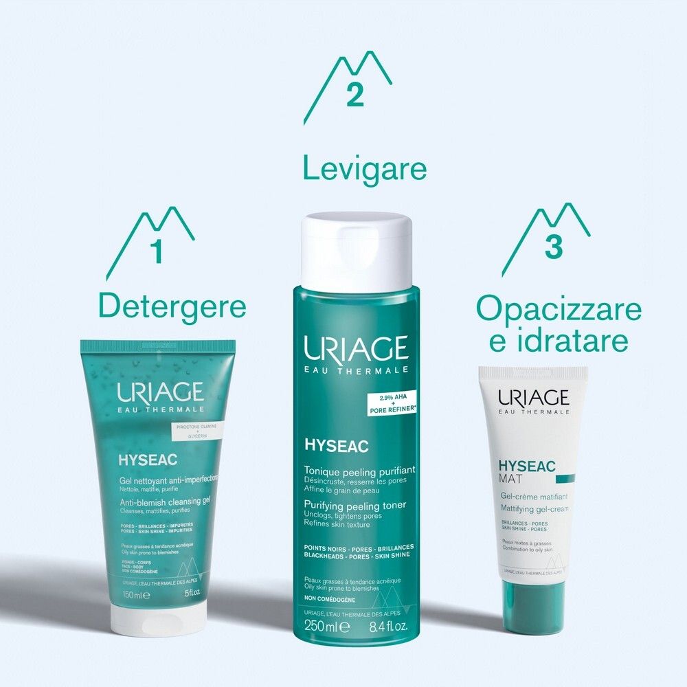 Grafico con testo. Testo: Sviluppato e raccomandato da dermatologi, Adatto a pelle a tendenza acneica, Non comedogeno.