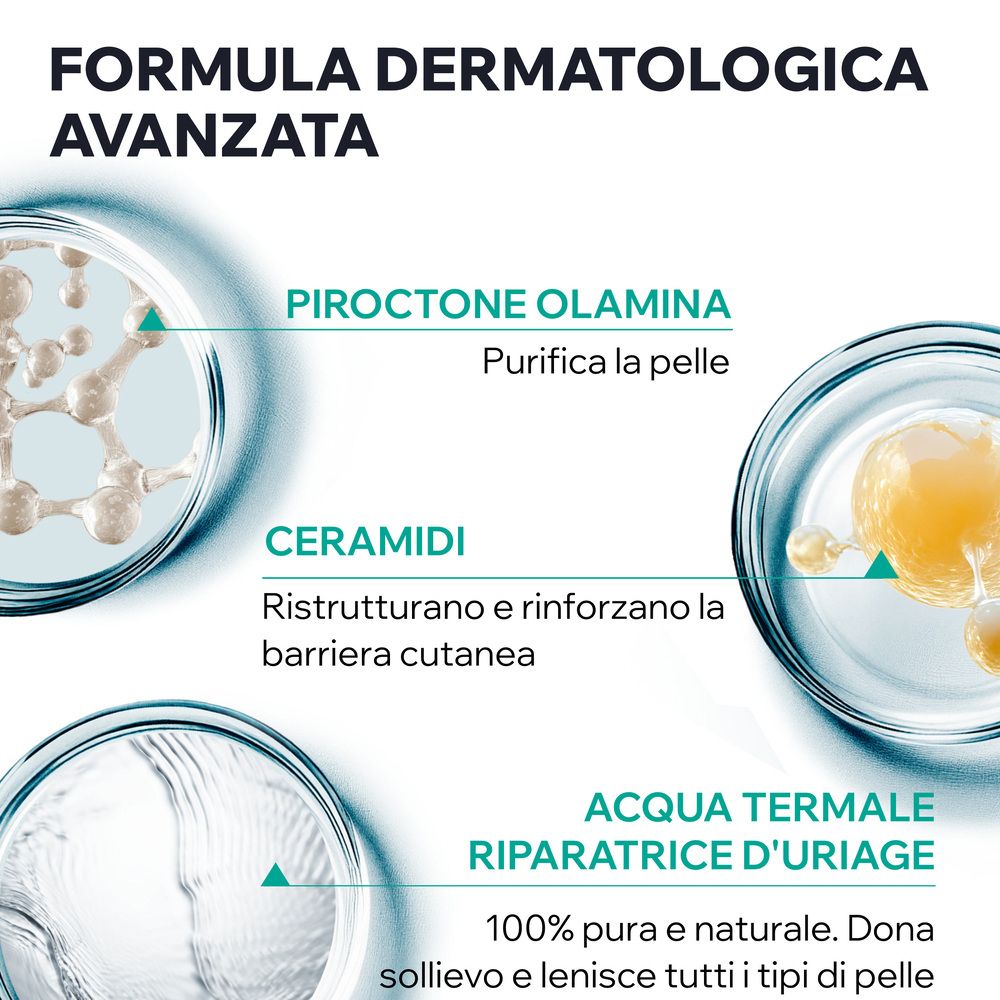 Text: FORMULA DERMATOLOGICA AVANZATA. Piroctone Olamine, Ceramidi, Acqua Termale Riparatrice D'Uriage. 100% pura e naturale.