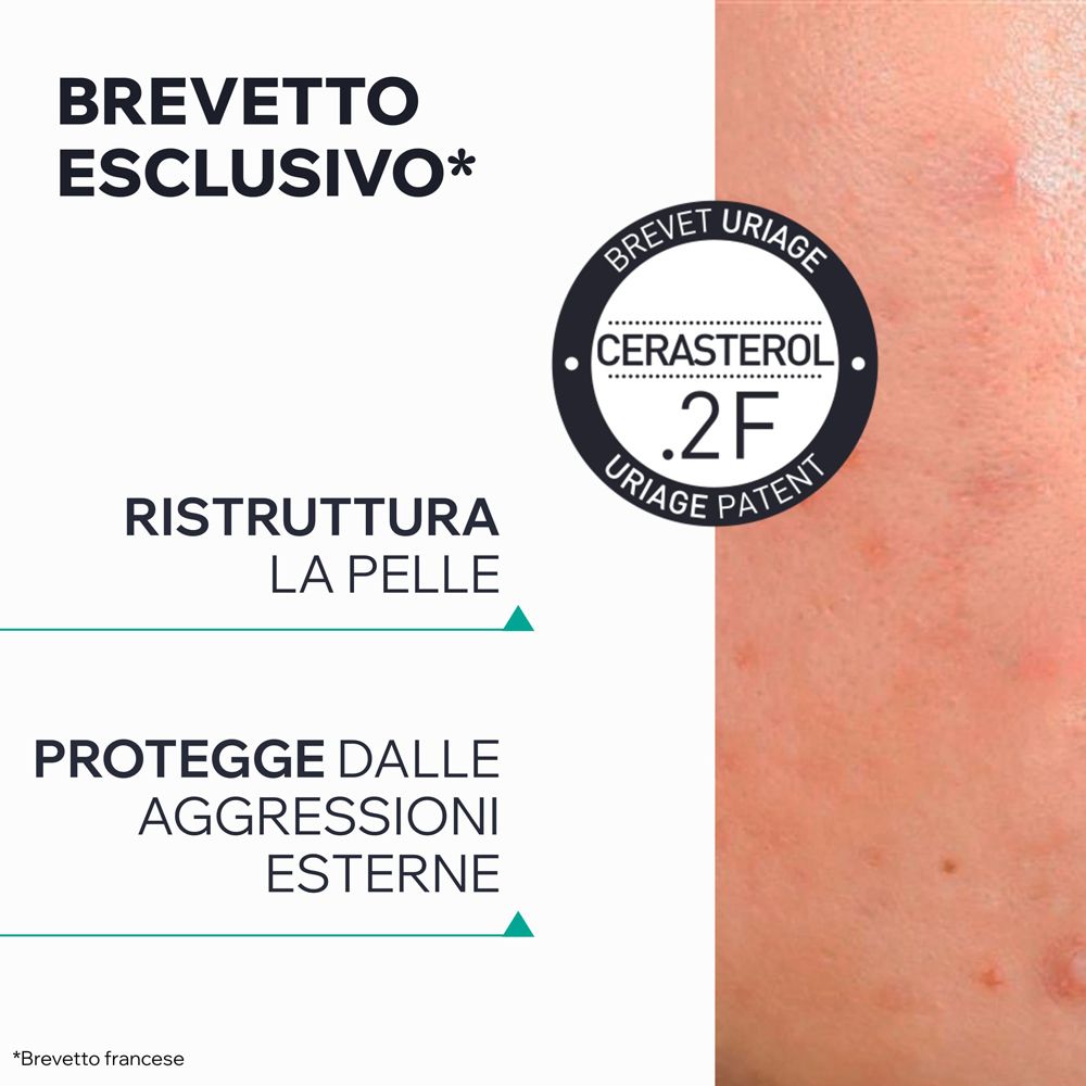 Text: BREVETTO ESCLUSIVO. Cerasterol .2F Uriage Patent. Ristruttura la pelle. Protegge dalle aggressioni esterne.