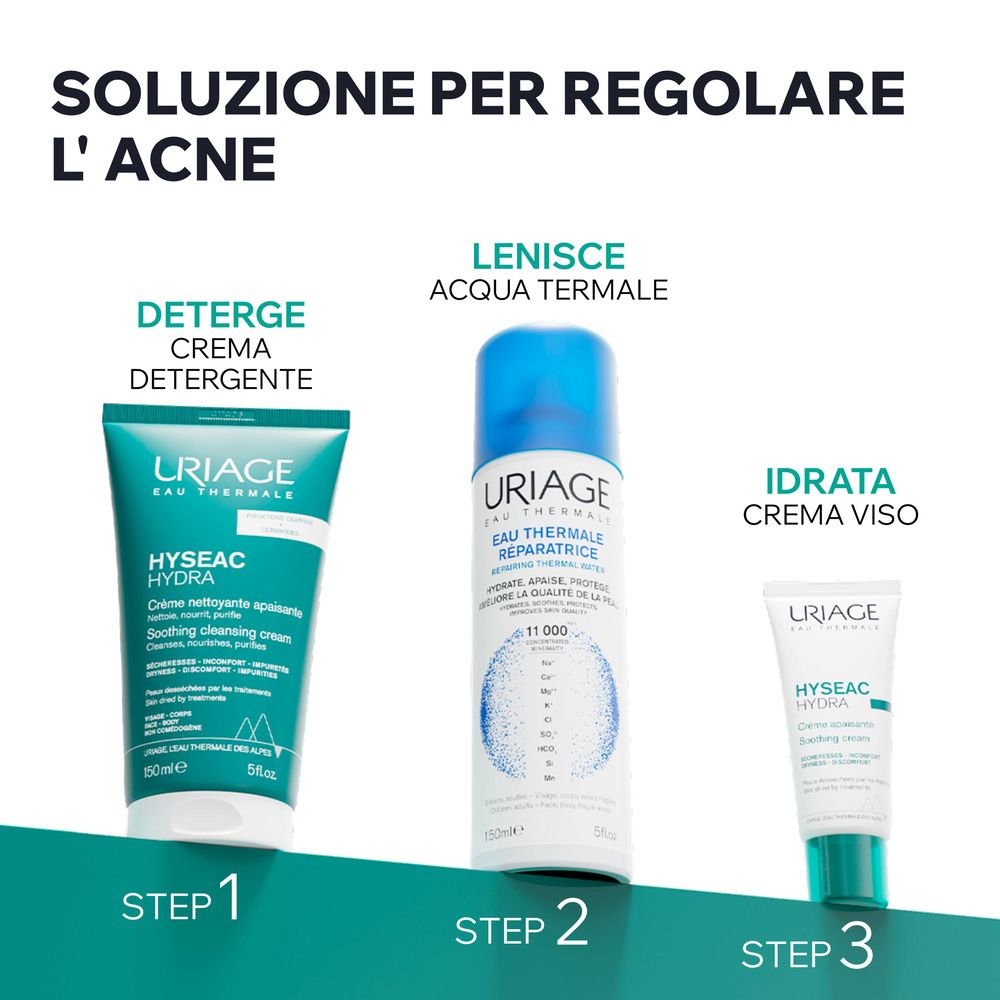Drei Produkte nebeneinander. Text: SOLUZIONE PER REGOLARE L'ACNE. Schritt 1: Crème nettoyante. Schritt 2: Acqua termale. Schritt 3: Crème viso.