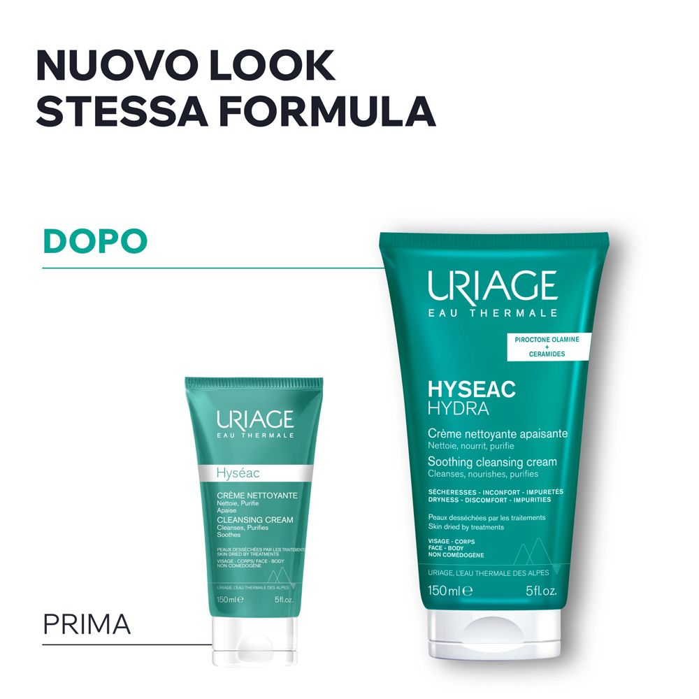 Zwei Tuben nebeneinander. Text: NUOVO LOOK STESSA FORMULA. Vorher: kleine Tube. Nachher: große Tube.