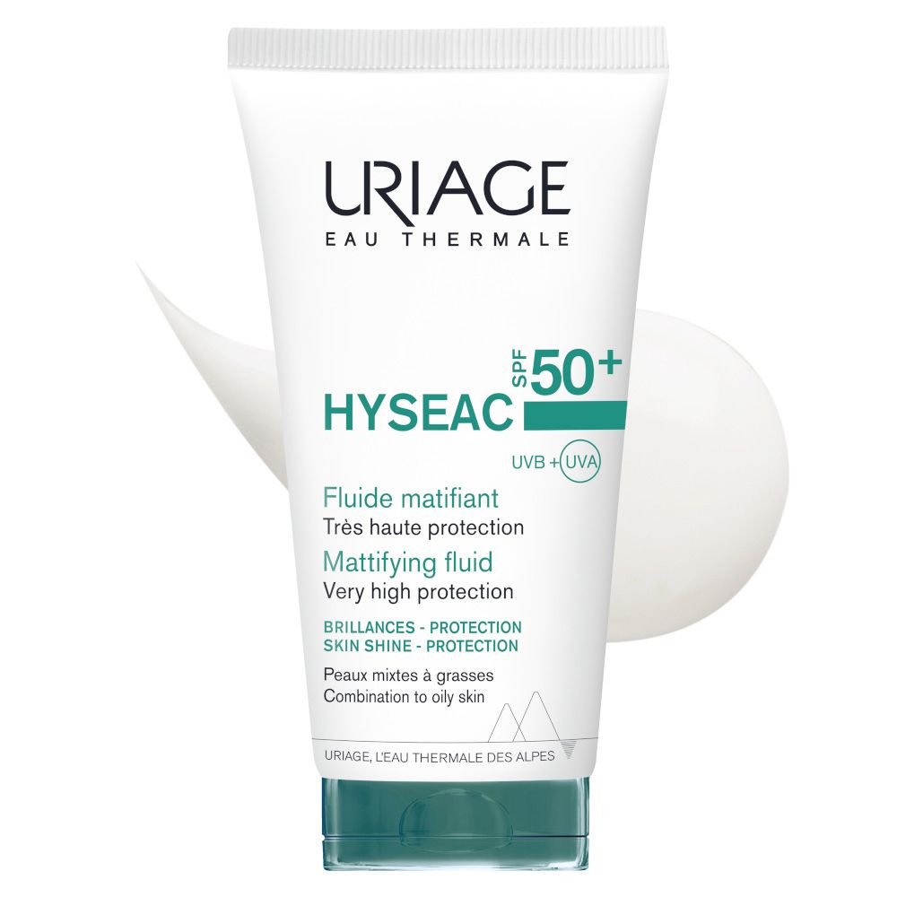 Tubo Uriage Hyseac Fluido Opacizzante SPF50+. Tubo bianco, tappo verde. Testo e logo.