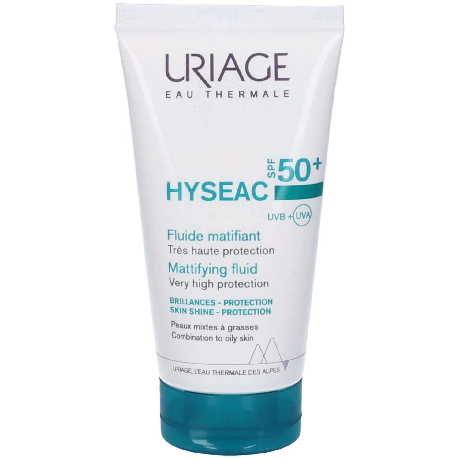 Tubo Uriage Hyseac Fluido Opacizzante SPF50+. Tubo bianco, tappo verde. Testo e logo.