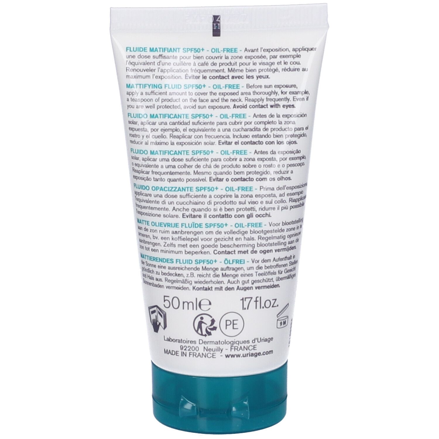 Retro del tubo Uriage Hyseac Fluido Opacizzante SPF50+. Testo multilingue.