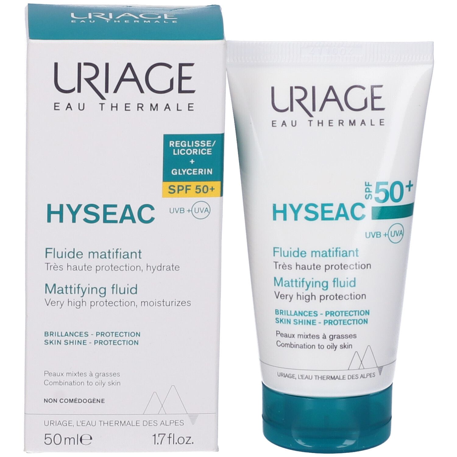 Tubo e confezione Uriage Hyseac Fluido Opacizzante SPF50+. Testo e logo.