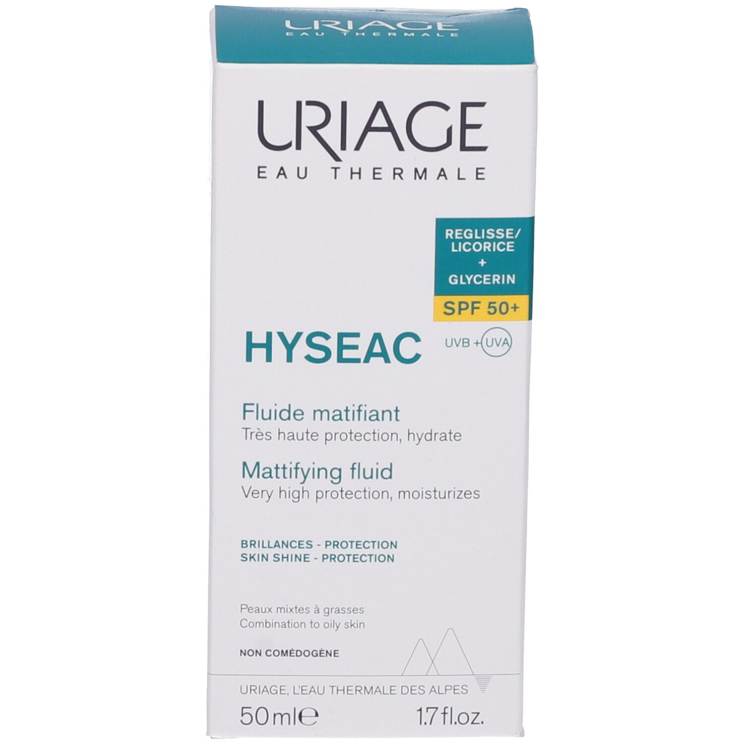 Confezione Uriage Hyseac Fluido Opacizzante SPF50+. Testo e logo.