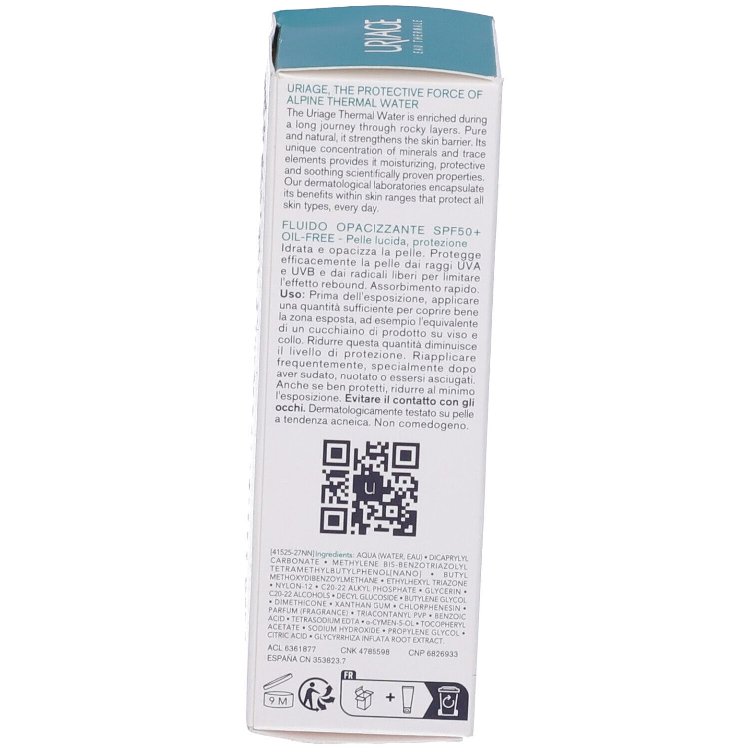 Retro della confezione Uriage Hyseac Fluido Opacizzante SPF50+. Testo e QR code.