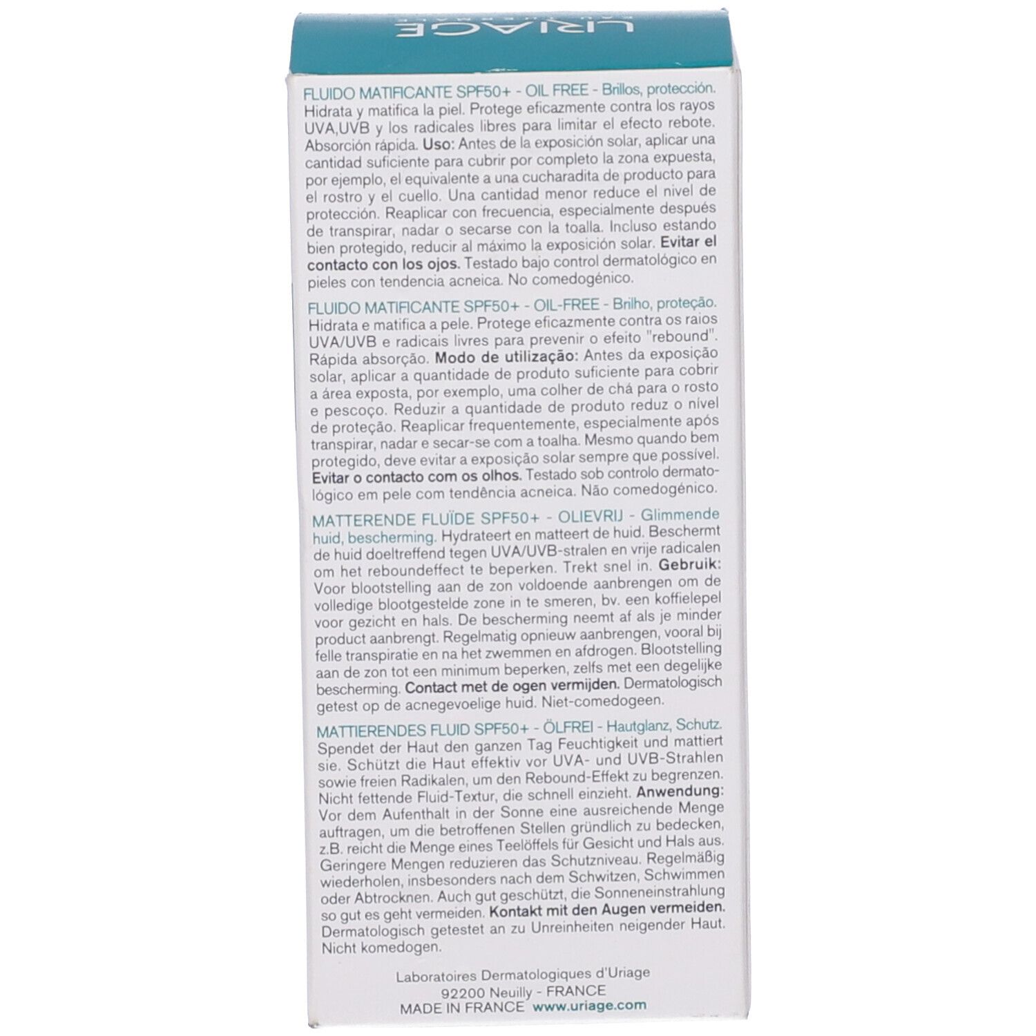 Retro della confezione Uriage Hyseac Fluido Opacizzante SPF50+. Testo multilingue.