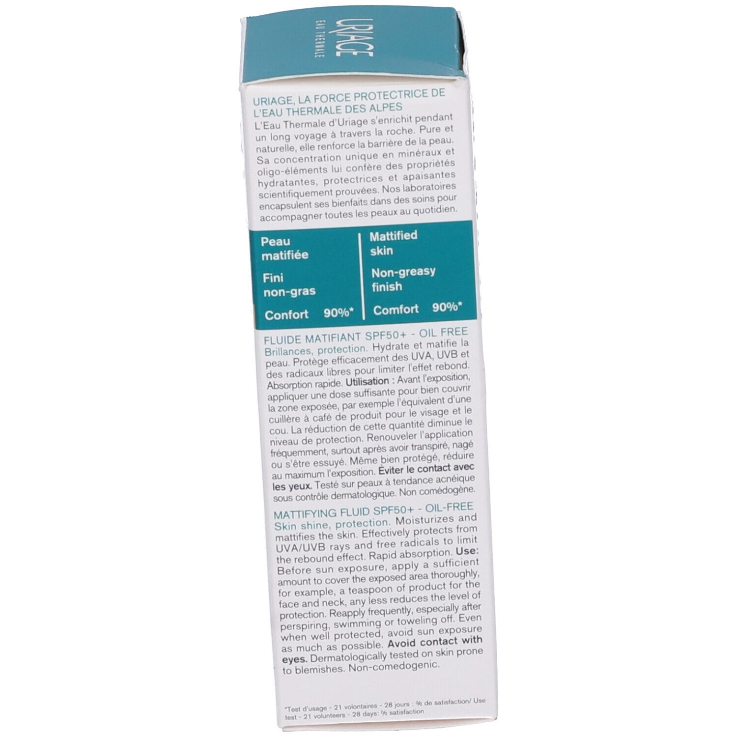 Retro della confezione Uriage Hyseac Fluido Opacizzante SPF50+. Testo multilingue.