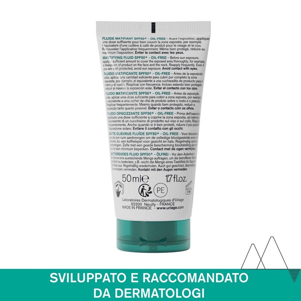 Retro del tubo Uriage Hyseac Fluido Opacizzante SPF50+. Testo multilingue.