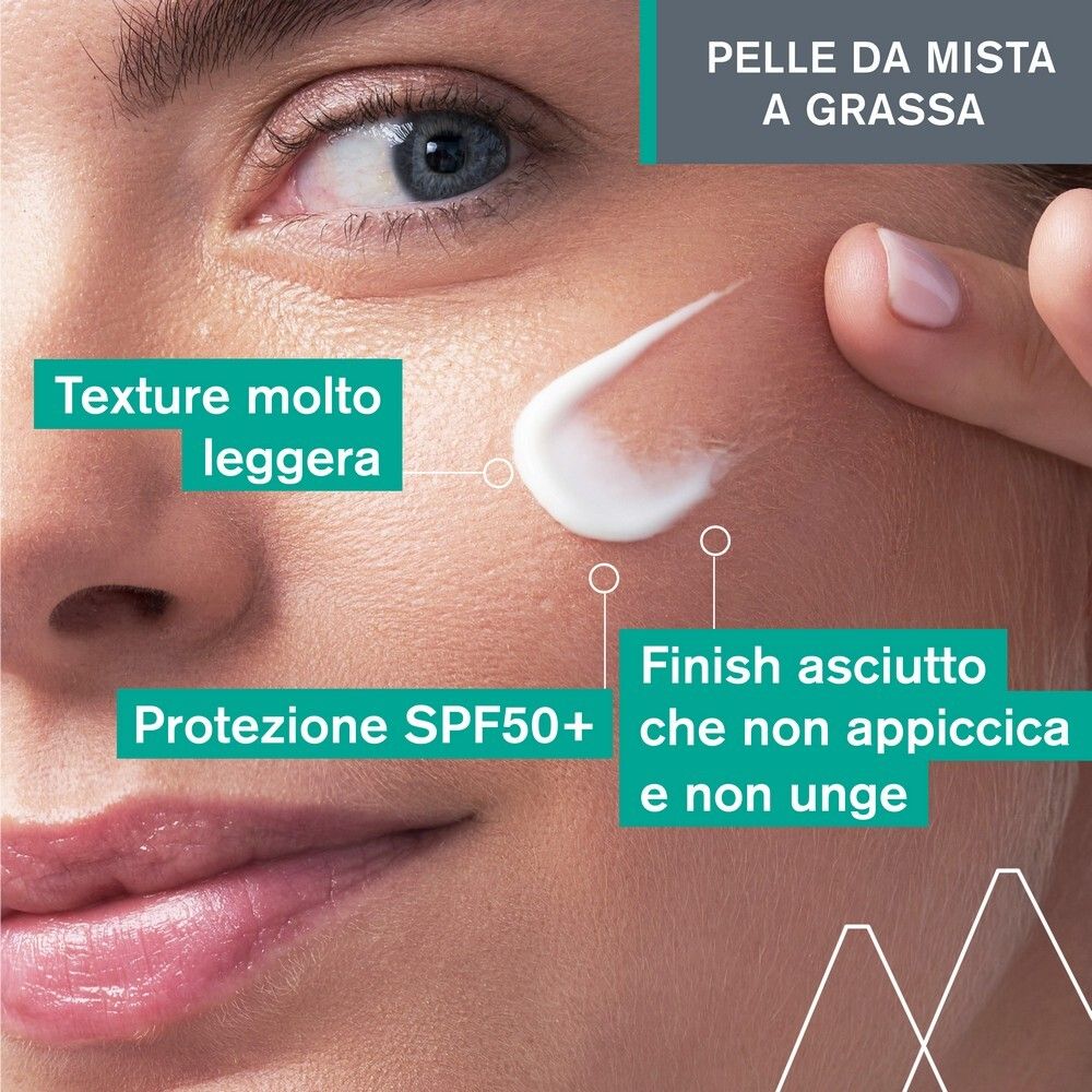 Viso con crema. Testo: Texture molto leggera, protezione SPF50+, finish non unge.