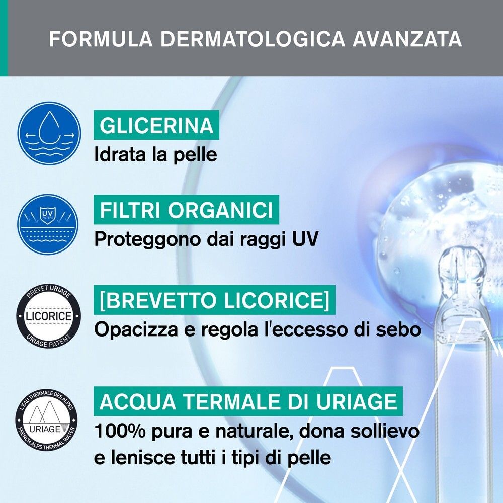 Grafica con ingredienti: Glicerina, filtri organici, [BREVETTO LICORICE], Acqua Termale Uriage.