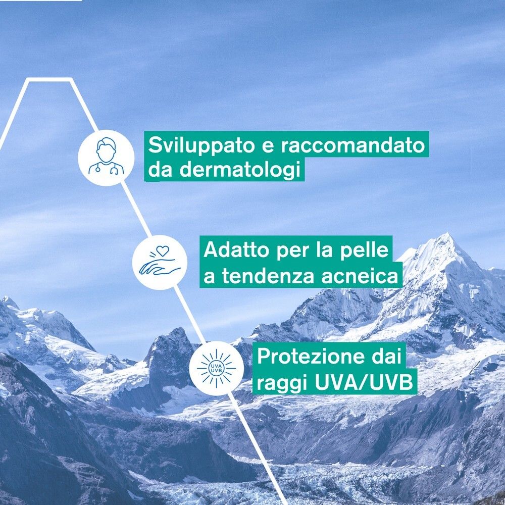 Grafica con testo: Sviluppato da dermatologi, adatto per pelle a tendenza acneica, protezione UVA/UVB.