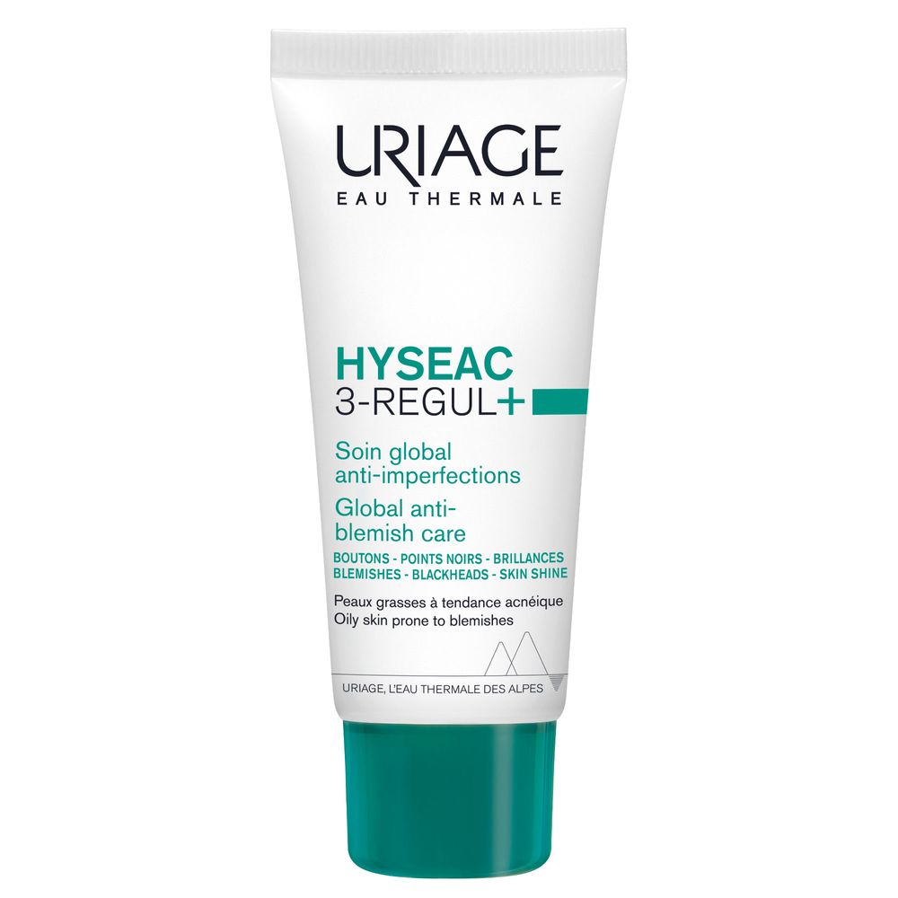 Tubo bianco con tappo verde. Scritta: URIAGE, HYSEAC 3-REGUL+. Trattamento anti-imperfezioni. Testo in francese.