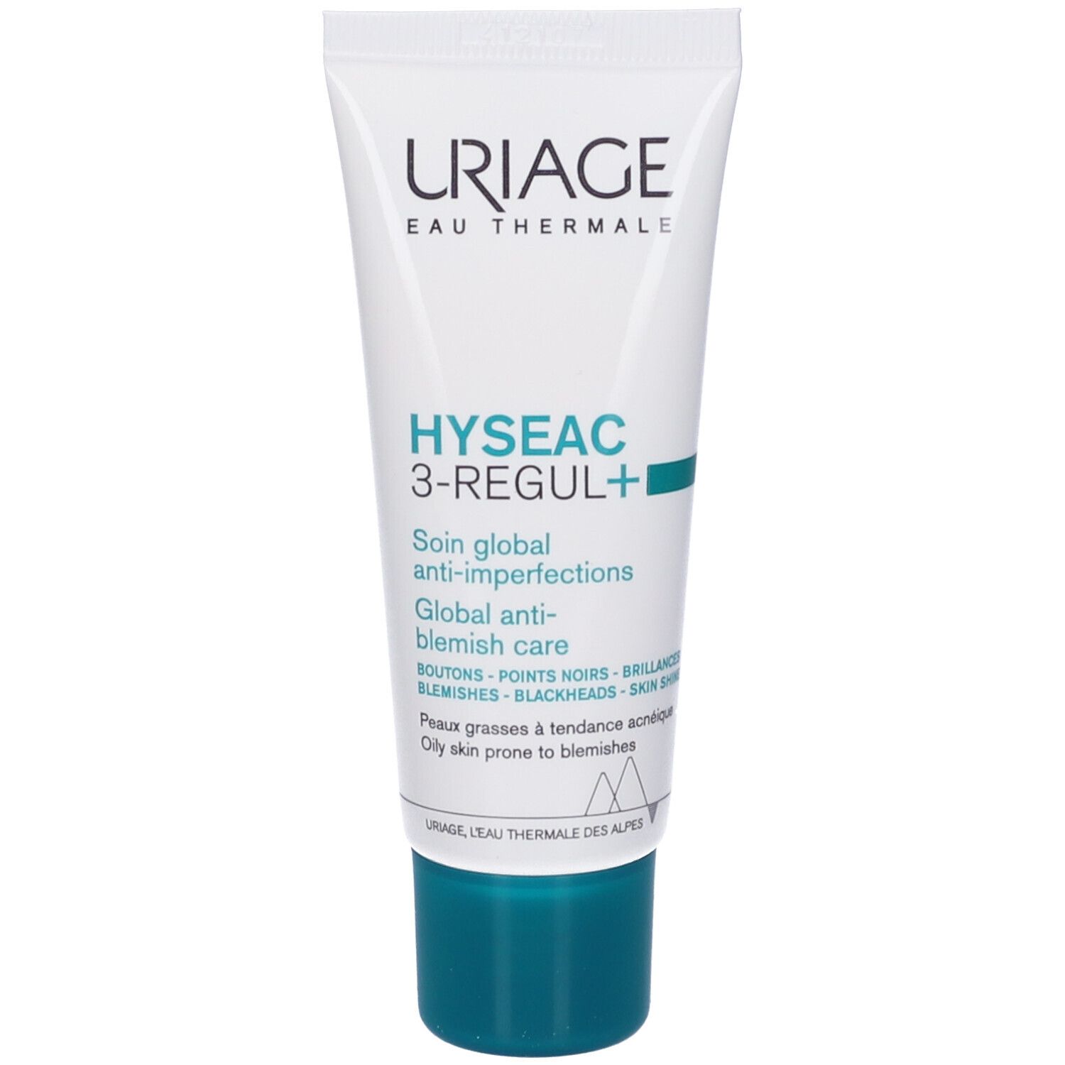Tubo bianco con tappo verde. Scritta: URIAGE, HYSEAC 3-REGUL+. Trattamento anti-imperfezioni. Testo in francese.