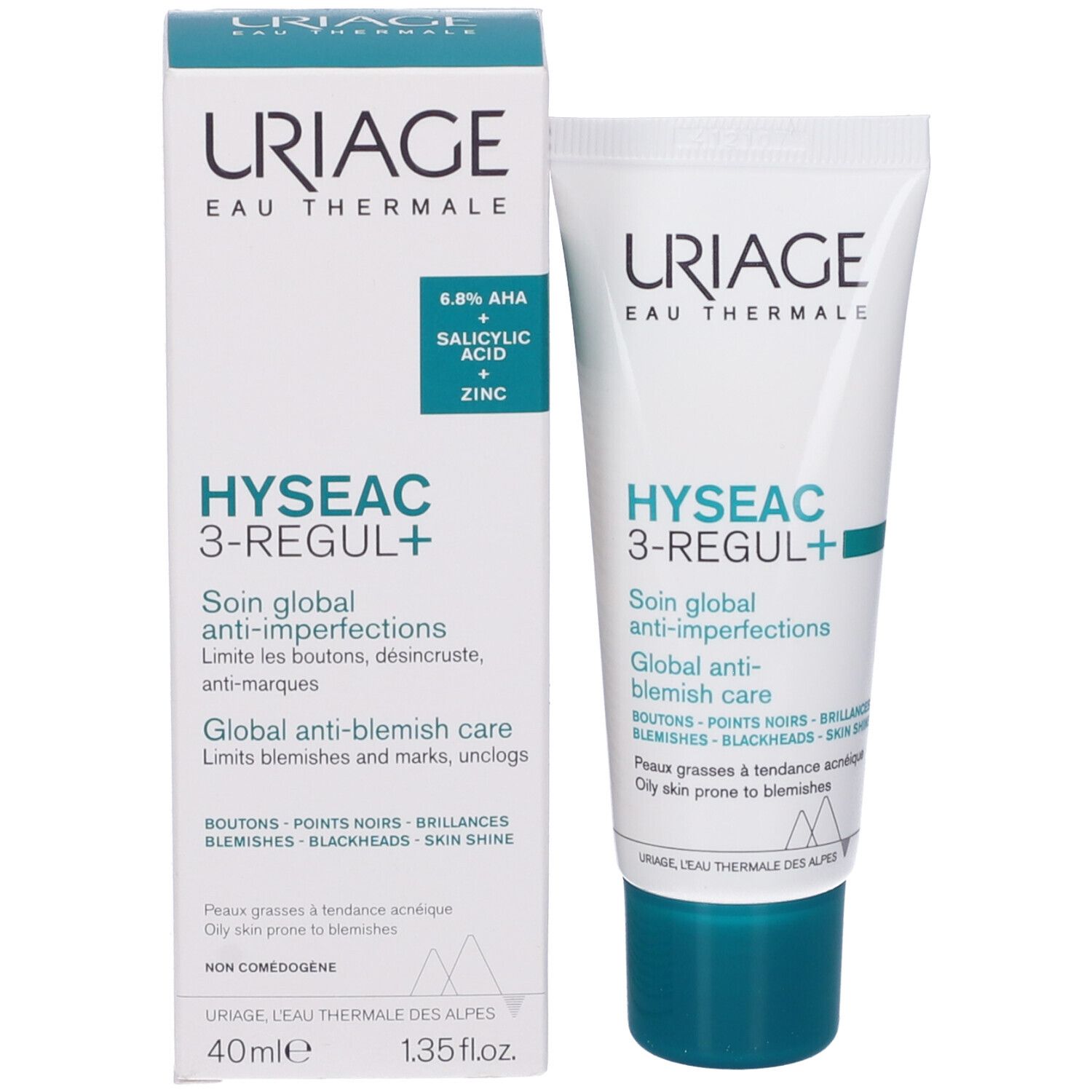 Confezione del prodotto. Tubo e scatola. Scritta: URIAGE, HYSEAC 3-REGUL+. Trattamento anti-imperfezioni. Con 6,8% AHA.