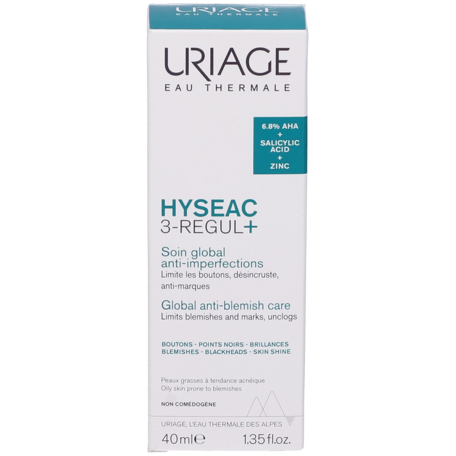Confezione del prodotto. Scatola. Scritta: URIAGE, HYSEAC 3-REGUL+. Trattamento anti-imperfezioni. Con 6,8% AHA.