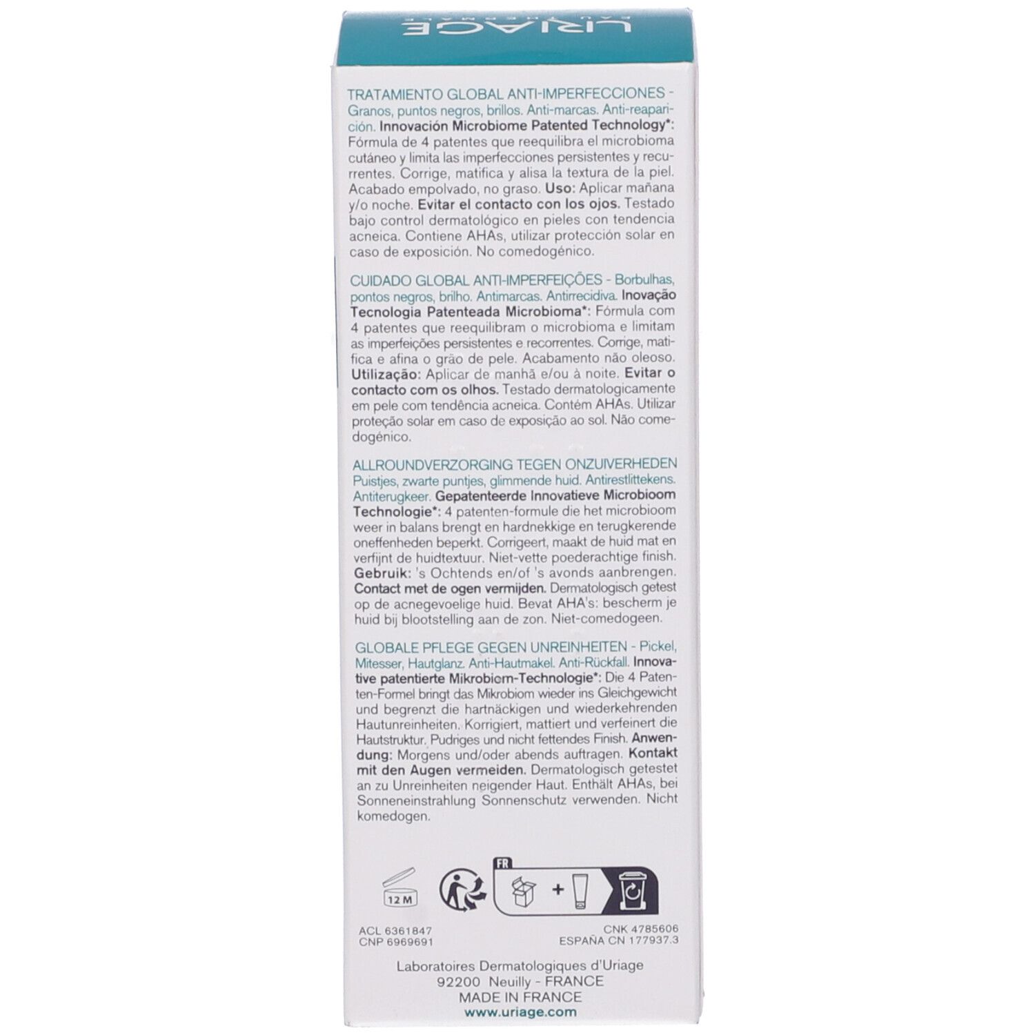 Lato della confezione del prodotto. Testo multilingue. Informazioni sul prodotto e sul marchio URIAGE.