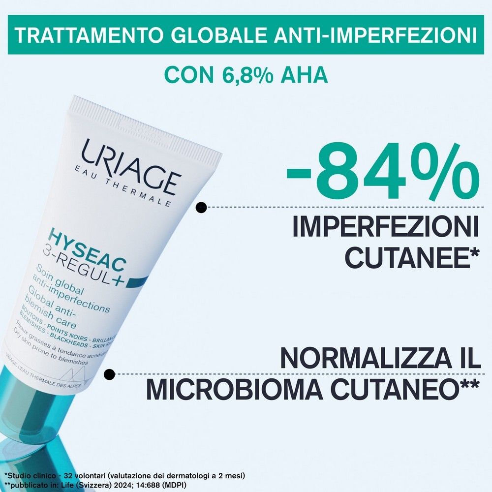 Tubo e testo: -84% imperfezioni cutanee. Normalizza il microbioma cutaneo. Con 6,8% AHA. Nome: HYSEAC 3-REGUL+.