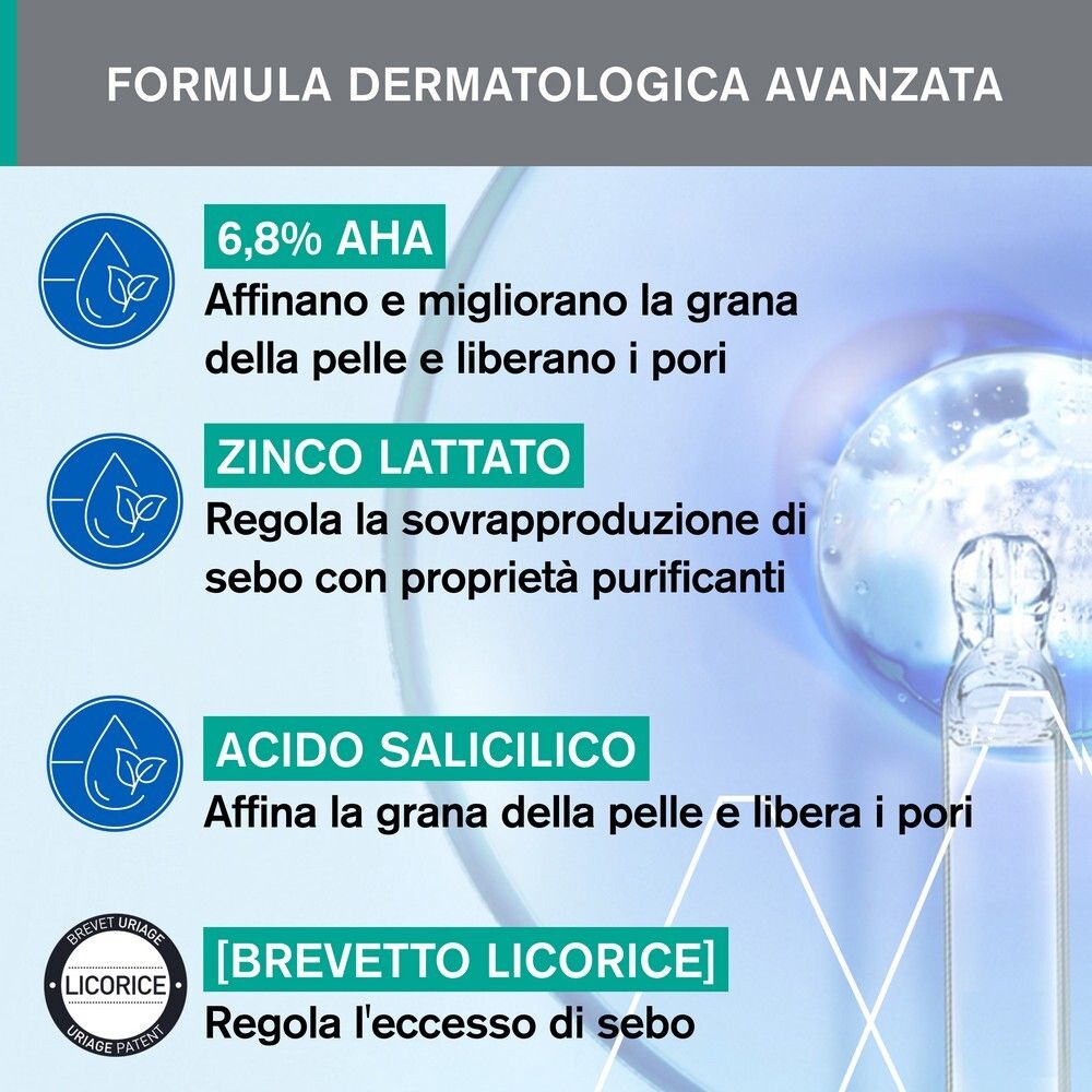 Grafico con ingredienti: 6,8% AHA, lattato di zinco, acido salicilico, [BREVETTO LICORICE]. Regola l'eccesso di sebo.