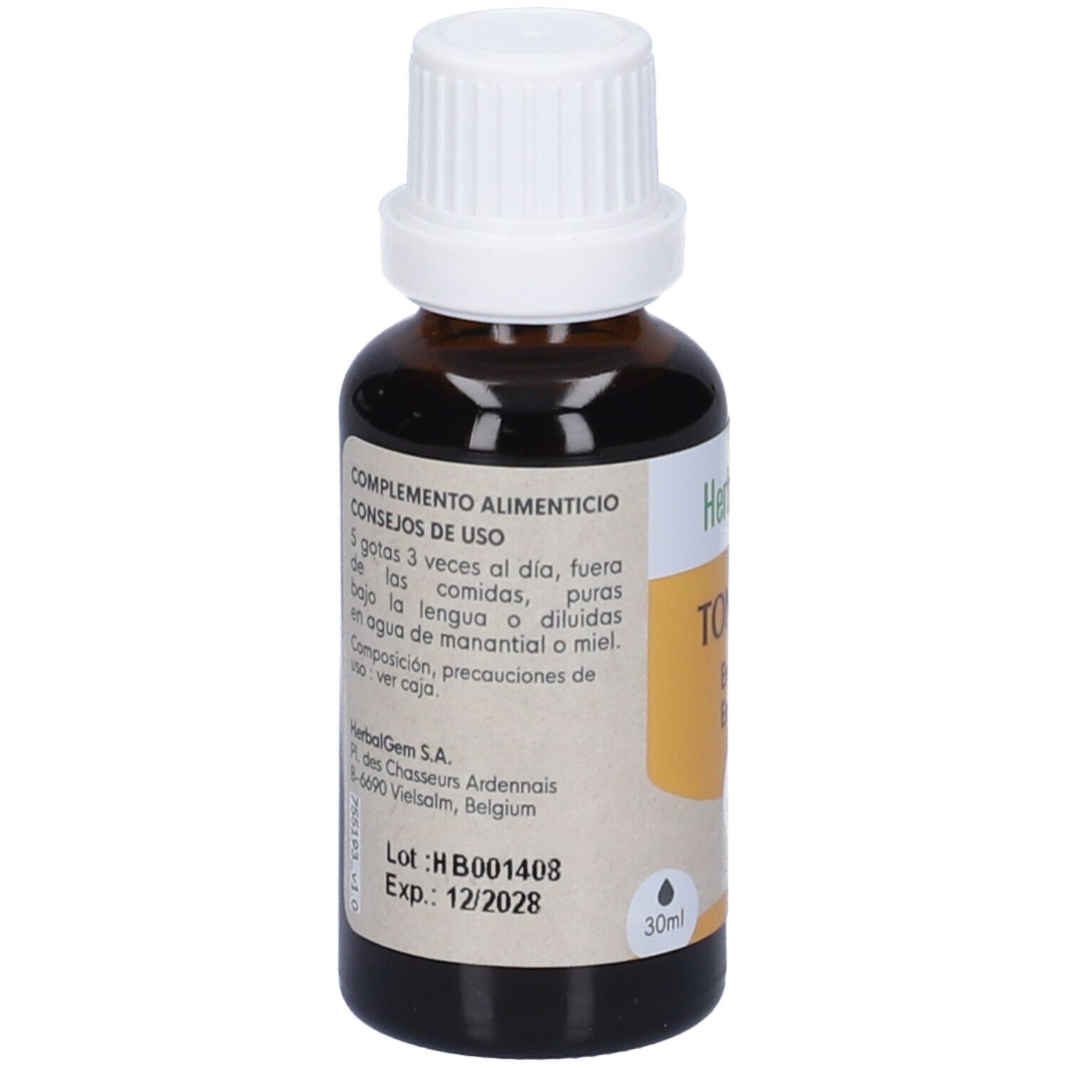 Flacone di vetro marrone con tappo bianco. Etichetta con informazioni sul prodotto. 30ml.
