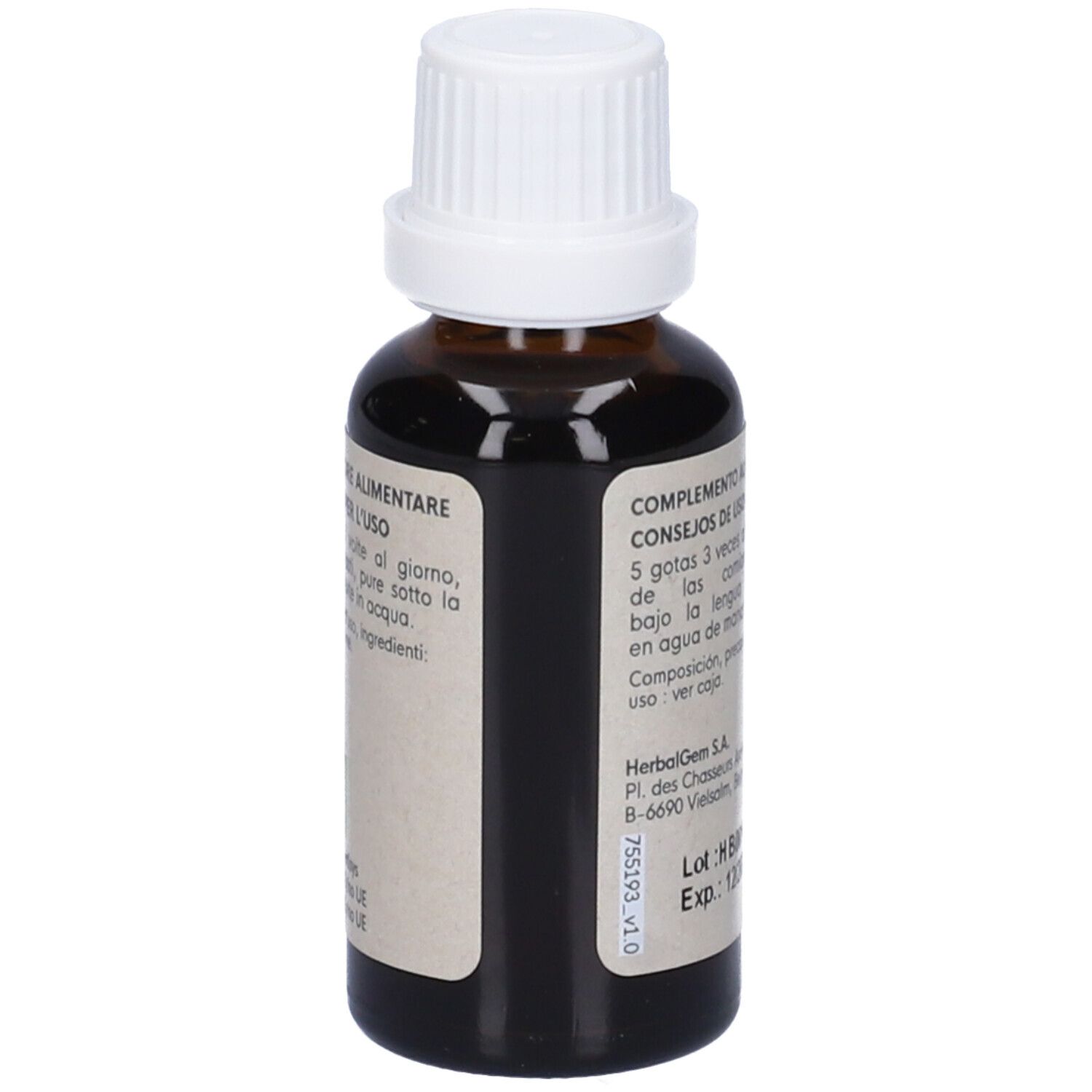 Flacone di vetro marrone con tappo bianco. Etichetta con informazioni sul prodotto. 30ml.