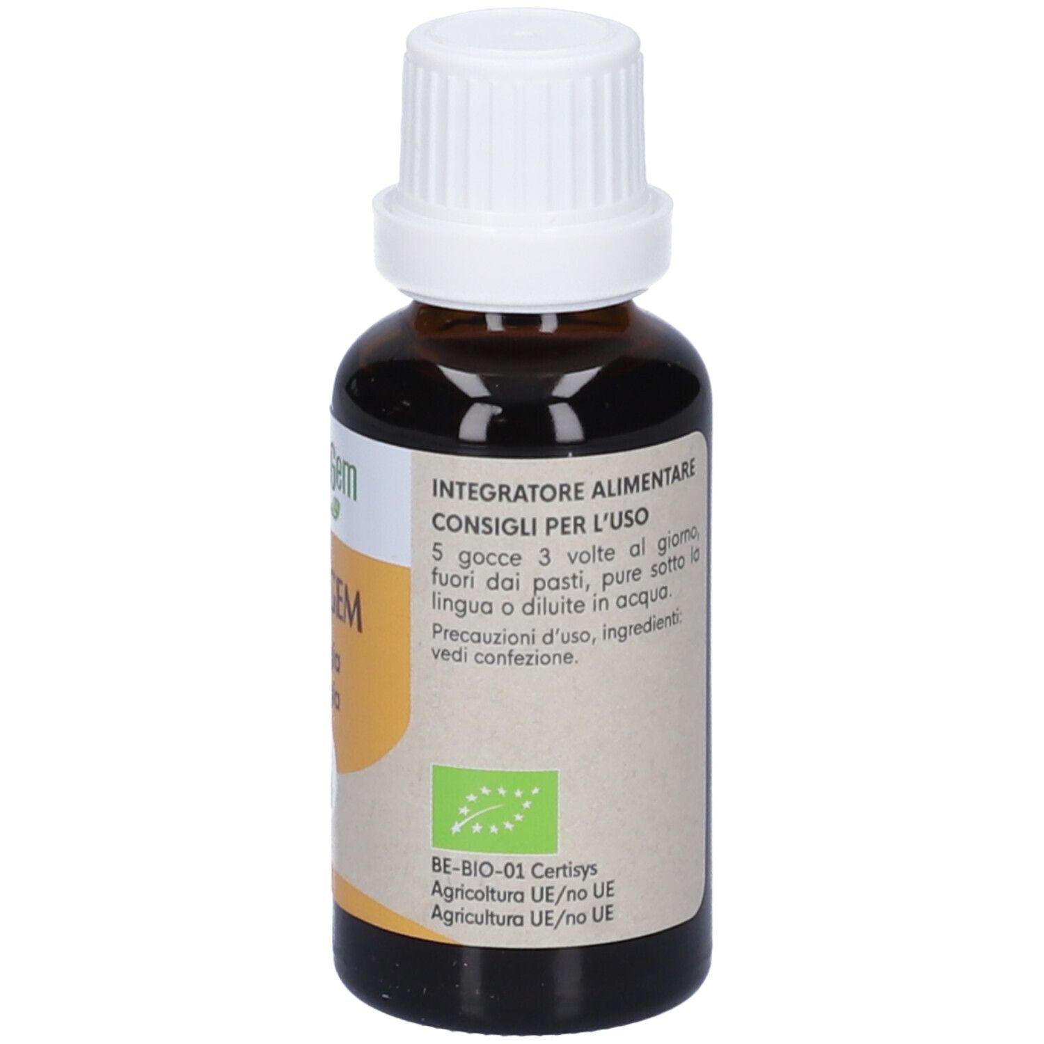 Flacone di vetro marrone con tappo bianco. Etichetta con informazioni sul prodotto. 30ml.