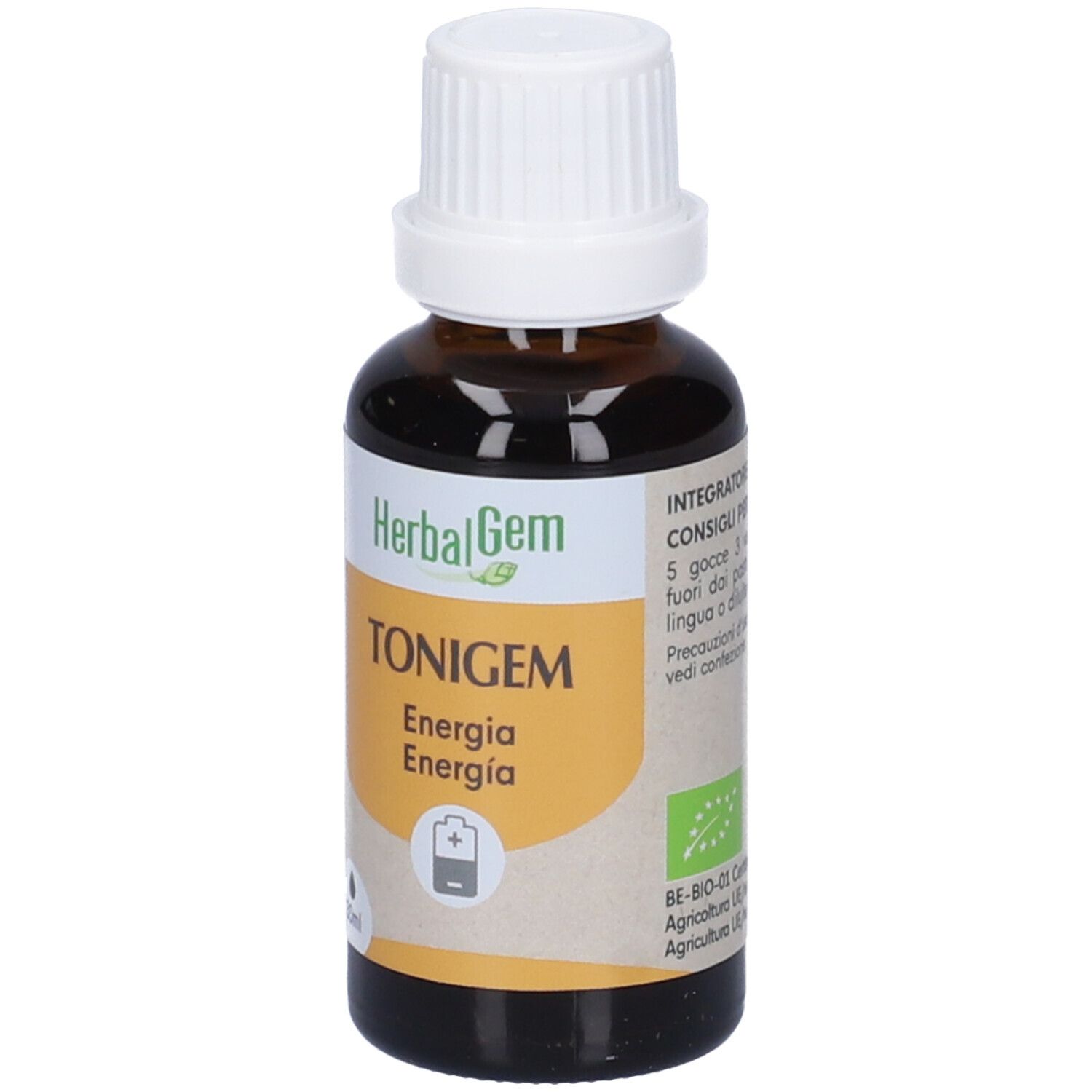 Flacone di vetro marrone con tappo bianco. Etichetta con nome e logo del prodotto. 30ml.